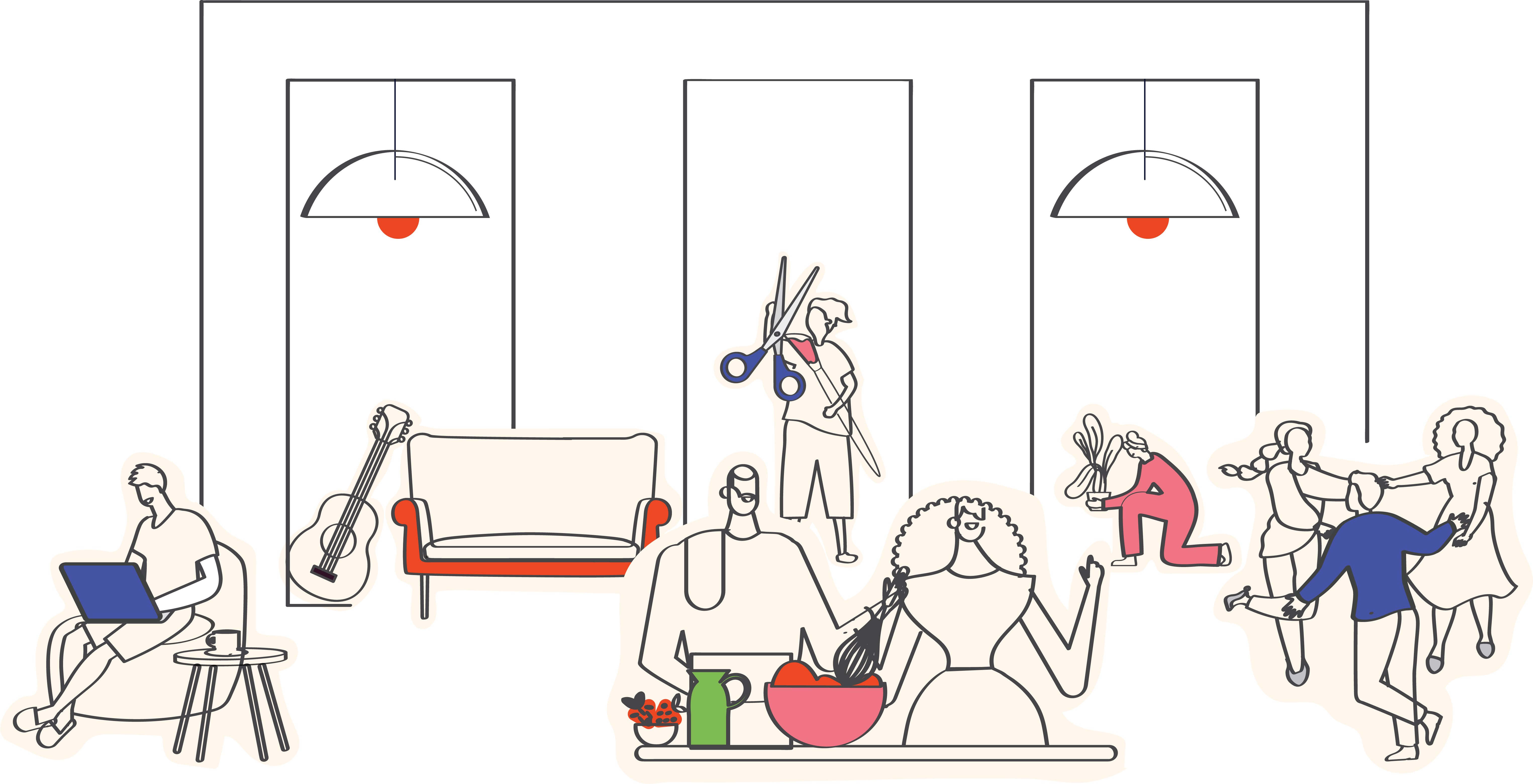 Illustratie van buren die samen koken, muziek maken en werken in de buurtkamer